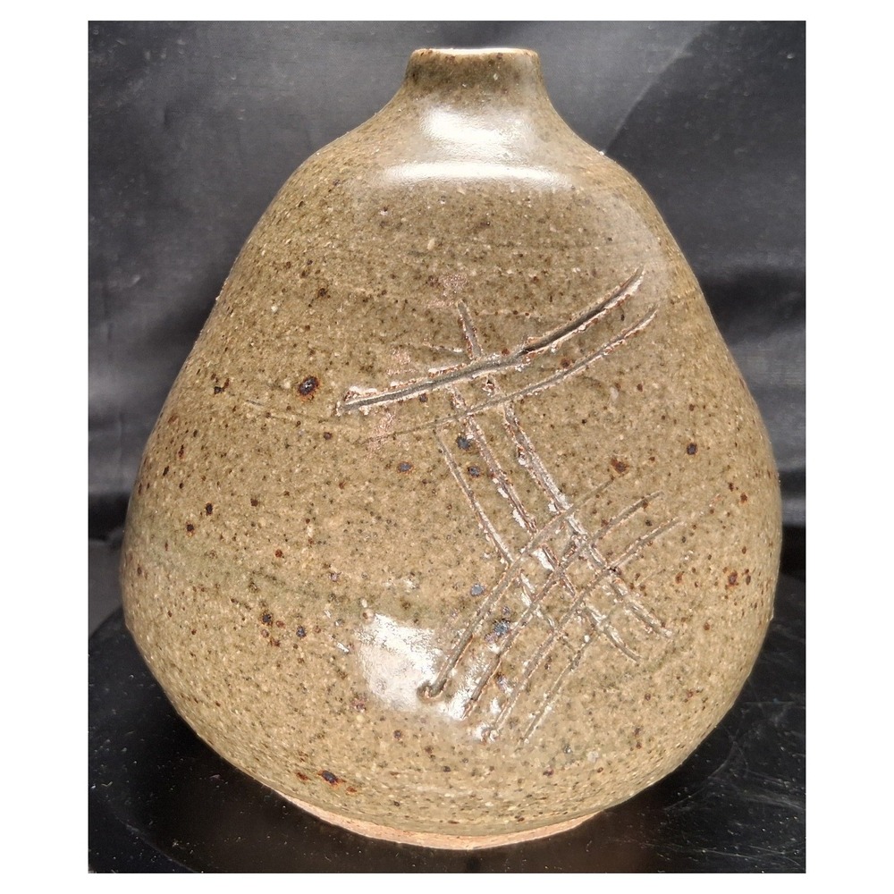 Studio Pottery Bud Vase Sig. Earthy Brown Speckled Glaze Incised Abstract 4.25"